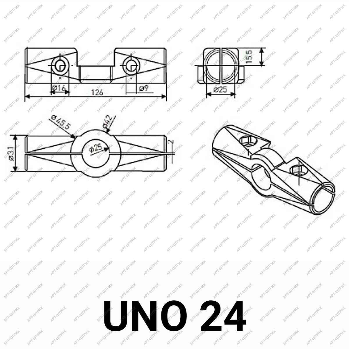 UNO 24 Соединитель перпендикулярных для пяти труб, усиленный